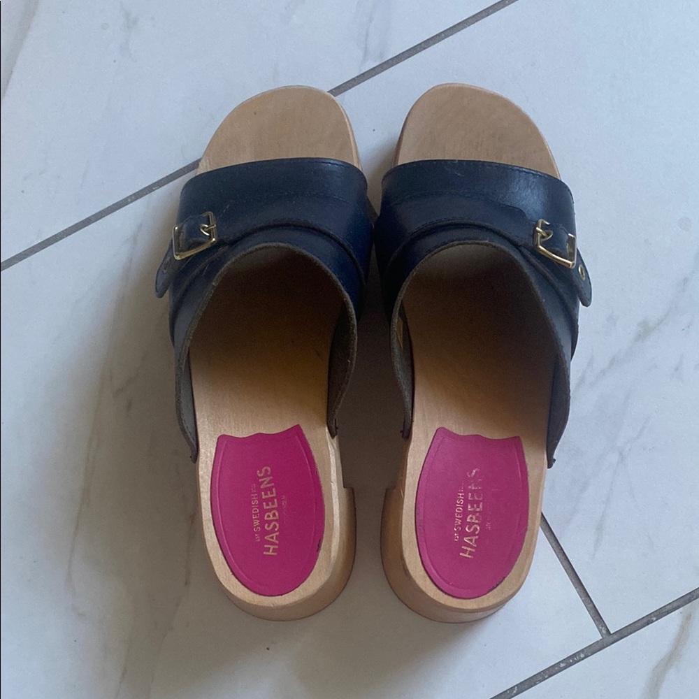 Swedish Hasbeens Dark Blue Leather Women's Sandals